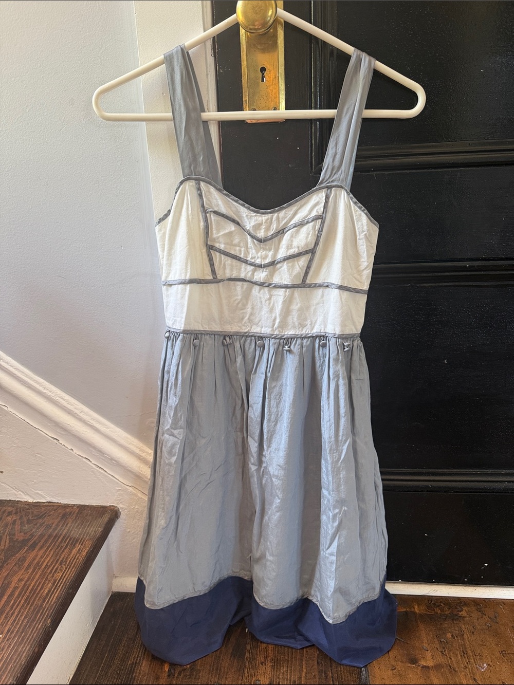 Anthropologie White Bodice Light Gray Skirt with Navy Hem Midi Dress